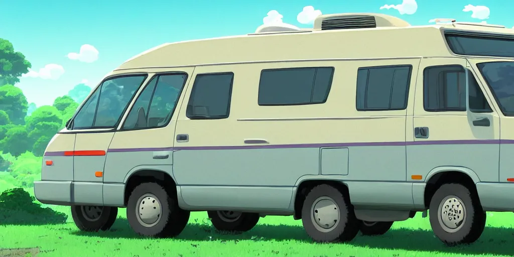 Prompt: a wholesome animation key shot of one!! focused!! 1 9 9 4 fiat hymer motorhome!! in the! romanian countryside!, medium shot, studio ghibli, ( pixar ) and disney animation, sharp, very detailed, high resolution, rendered in unreal engine 5, anime key art by greg rutkowski, bloom, dramatic lighting