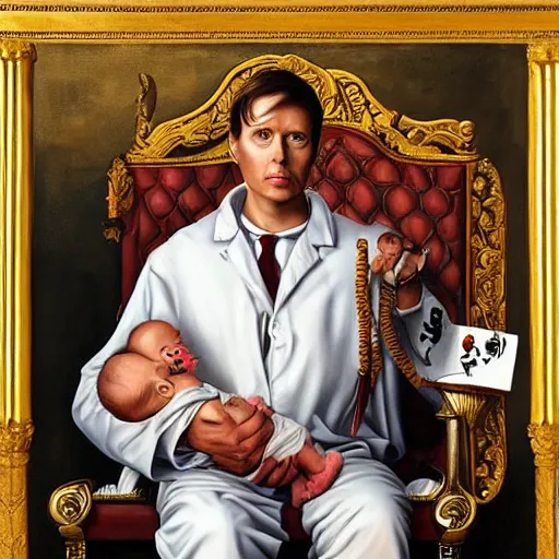 Prompt: hyper realistic painting of a handsome man symmetrical, sitting in a gilded throne, tubes coming out of the man's arm with blood, getting a blood transfusion from a baby, bloody ivs, plague doctor in the background created by wes andersson