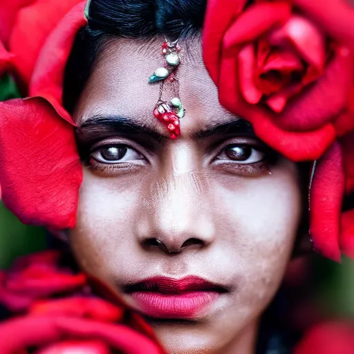Image similar to realistic expired fuji film portrait of happy india hijra, red roses celestial vibe, hyperrealism, hypermaxiymalism, photorealistic, detailed, atmospheric, 8 k, award winning photography, cinematic