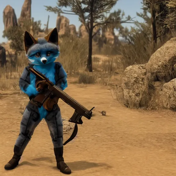 Image similar to a blue fennec fox furry in a fursuit in red dead redemption 1 killing himself with his revolver