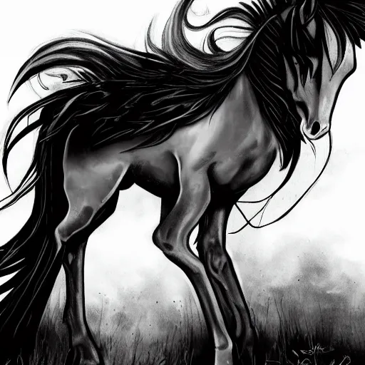 Image similar to my little pony portrait with dark fantasy style, black and white