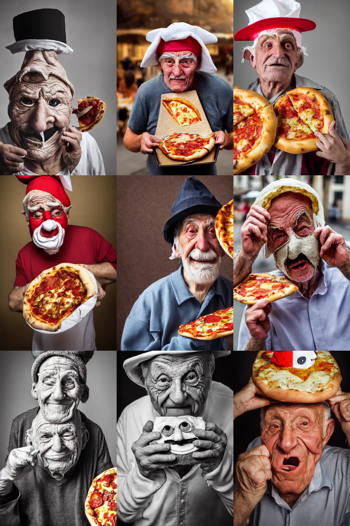 Prompt: close - up portrait of a wrinkled old man wearing a pulcinella mask holding up a pizza!! to behold, clear eyes looking into camera, baggy clothing and hat, masterpiece photo by eolo perfido