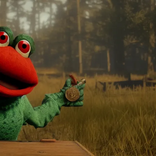 Prompt: Film still of Elmo the Frog in Red Dead Redemption 2 (2018 video game)