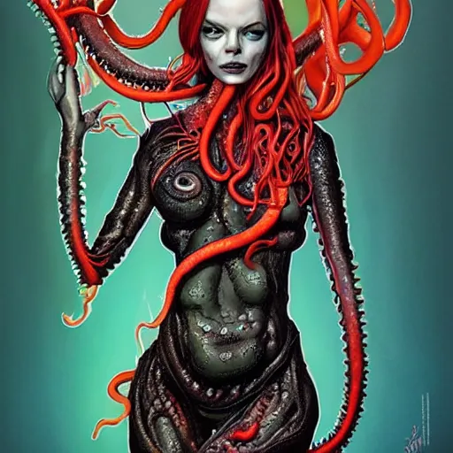 Prompt: scorn giger venom alien doom zdislaw bekinski horror hell alien tentacles satan fire flame octopus, beautiful underwater redhead woman portrait of emma stone as a belly dancer, pixar style, by tristan eaton stanley artgerm and tom bagshaw.