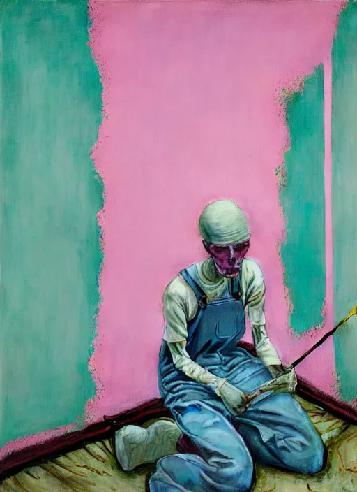 Prompt: a skinny, starving artist wearing overalls, painting the walls inside a grand ornate chernobyl sarcophagus, hauntingly surreal, highly detailed painting by francis bacon, edward hopper, adrian ghenie, gerhard richter, and james jean, soft light 4 k in pink, green and blue colour palette