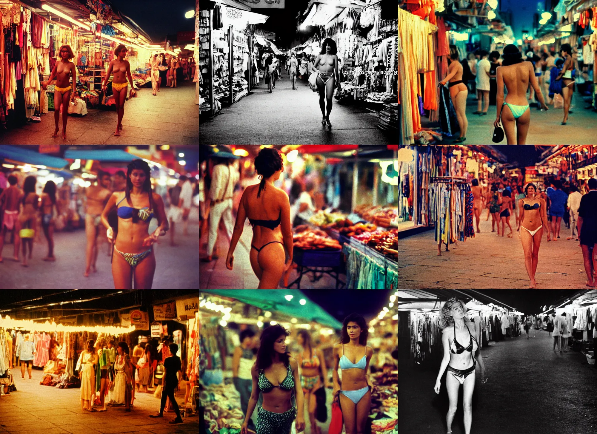 Prompt: color photograph portrait of a beautiful woman in bikini walking in the clothes market, night, summer, dramatic lighting, 1 9 9 0 photo from live magazine.