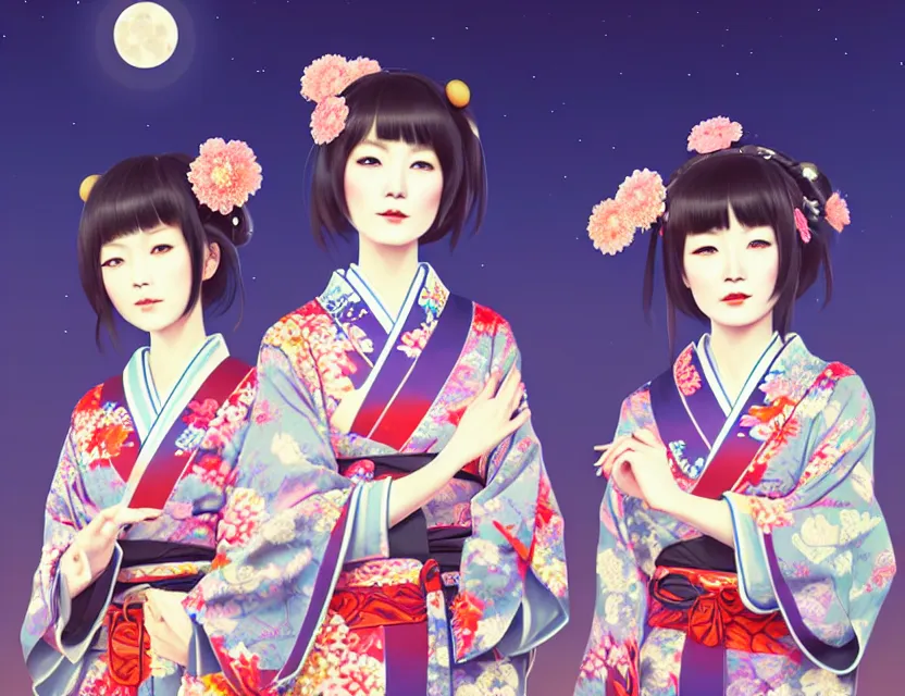 Image similar to two beautiful charming japan girls wear arty kimono in festival | | sunny night, full moon, dreamlike art, realistic shaded, smile, good looking, hyper details, 4 k realistic, cryengine, realistic shaded lighting poster by ilya kuvshinov, fuji choko, ross tran, 8 k resolution, trending on artstation, luxury