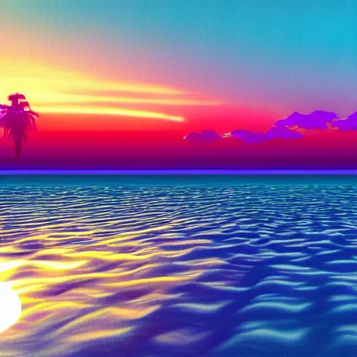 Image similar to A synthwave style sunset above the reflecting water of the sea, concept art