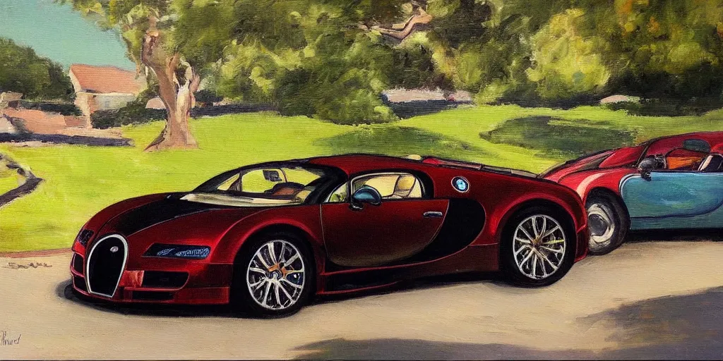 Image similar to a painting of andrew tate and his bugatti by bob ross