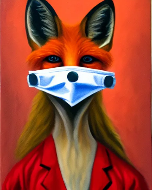 Prompt: oil painting portrait of anthropomorphic female fox animal dressed in labcoat, surgical mask covering mouth, red eyes, fox animal, hospital in background, oil painting,