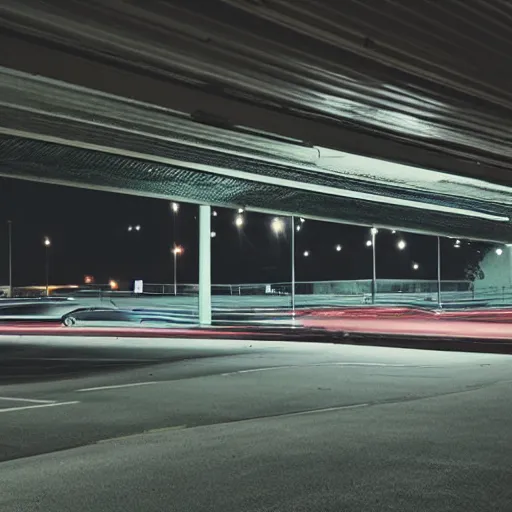 Image similar to a cat waiting at an overhead carpark at night, cinematic lighting