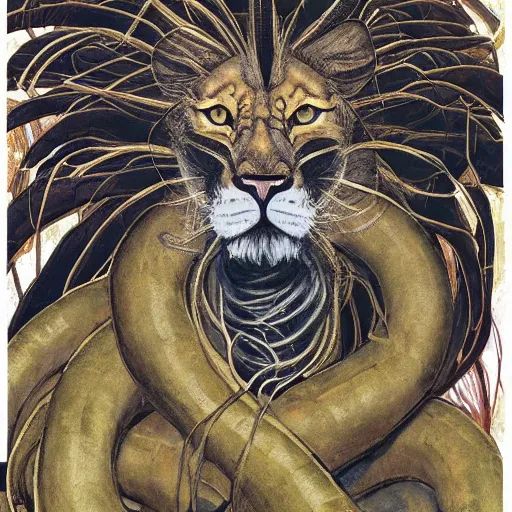 Prompt: demiurge snake snake camouflaged as a lion costume furry ears neck neck mane tall long viper national geographic tombow peter doig greg rutkowski lucian freud arsen savadov dan witz vik muniz