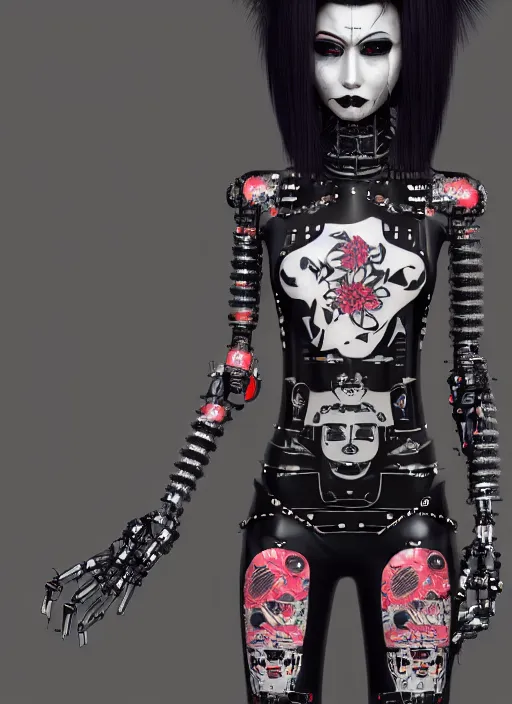 Image similar to full body portrait of a gothic style punk geisha robot with kanji tattoos and decals wearing a digital pixelated kimono, intricate design, photo - realistic, octane render, dark colour palette, ultra fine detailed, character design, trending on artstation