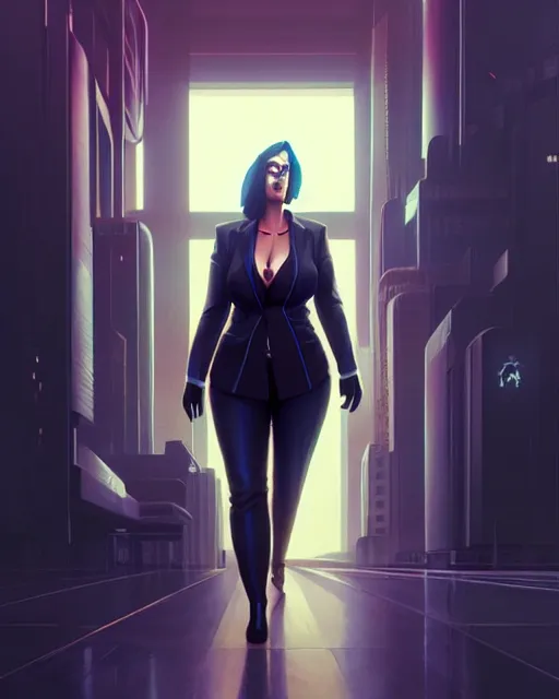 Image similar to cyberpunk corporate woman, overweight | | realistic shaded, fine details, realistic shaded lighting poster by greg rutkowski, diego gisbert llorens, magali villeneuve, artgerm, jeremy lipkin and rob rey