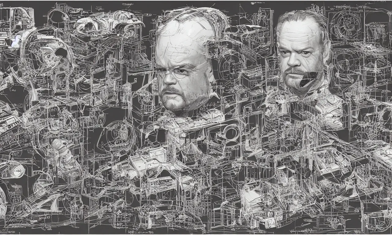 Image similar to annotated highly - detailed and intricate 4 5 degree isometric cross - section of kelsey grammer's head + marker concept art style rendering + half blueprint + tetrachromacy + john berkey + vincent di fate + ralph mcquarrie + center frame : : annotations : : crane : : - 1