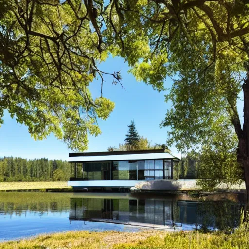 Prompt: a modern house in a national park, there is a lake next to it, landscape