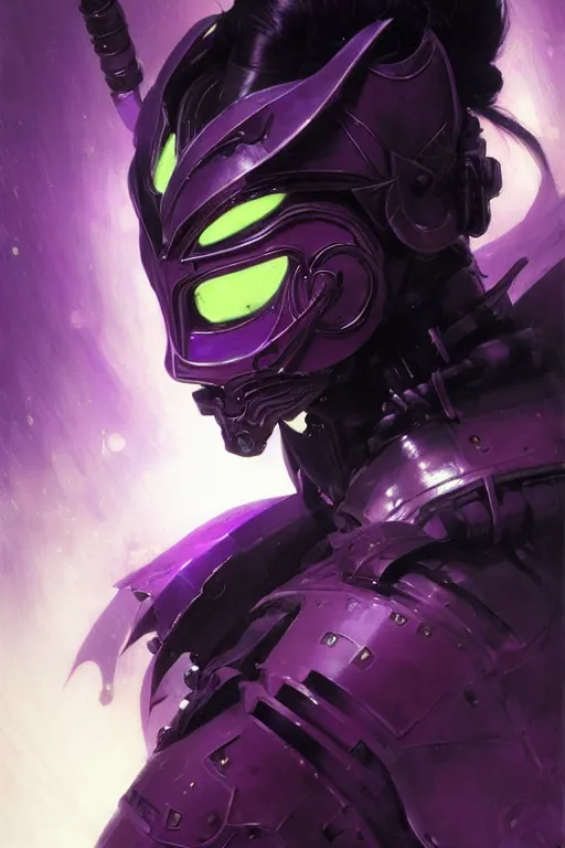 Image similar to extreme close up, facial portrait, woman with a long black ponytail in purple sci - fi armor, kitsune mask, mechanical shoulder pads with glowing runes, striking pose, portrait dnd, painting by gaston bussiere, craig mullins, greg rutkowski, yoji shinkawa