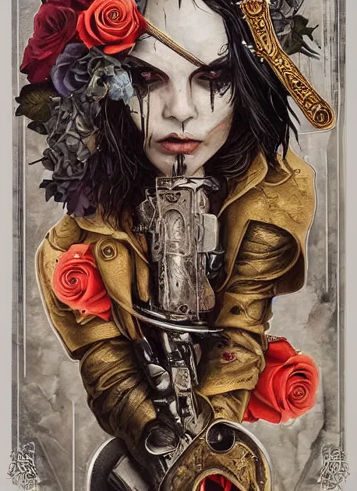 Image similar to tarot card :: horror :: hearts and roses :: gold and silver :: guns and swords :: by Sandra Chevrier and bastien lecouffe deharme