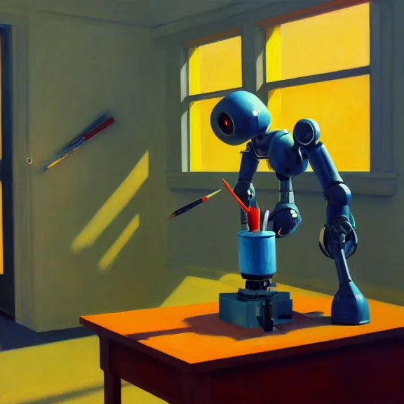 Prompt: beautiful illustration of a robot painting an artwork on a canvas with a paintbrush by Edward Hopper, colorful octane render