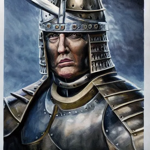Image similar to donald trump, knights armor!!!!!!!!!!!!!!!!, one broadsword, by hans holdein, donald trumps highly detailed handsome face, two arms, two legs, donald trumps symmetrical face