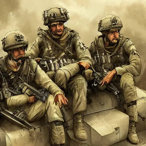 Prompt: soldiers with an emotionless look on their faces sitting inside a plane on their way to the battlefield, digital painting, highly detailed, illustration, intricate, in the style of grek rutkowski