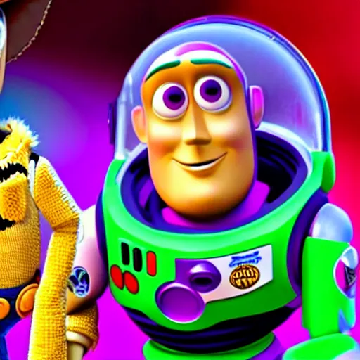 Image similar to Woody and Buzz Lightyear meet a Furby in Toy Story 5