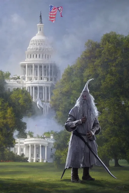 Prompt: gandalf attacks the white house, oil on canvas, intricate, 8 k highly professionally detailed, hdr, cgsociety