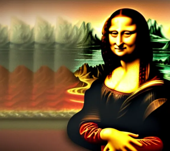 Image similar to A portrait of mona lisa, holding a giant weed joint, smoke, 8k, hyper-detailed, cinematic