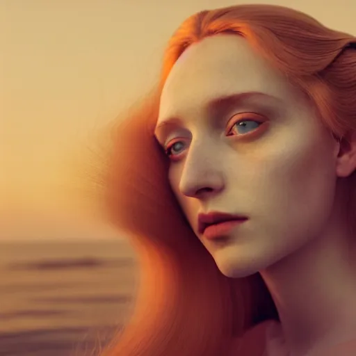 Image similar to photographic portrait of a stunningly beautiful english renaissance female in soft dreamy light at sunset, beside the sea, art nouveau, soft focus, contemporary fashion shoot, in a denis villeneuve and tim burton movie, by edward robert hughes, annie leibovitz and steve mccurry, david lazar, jimmy nelsson, extremely detailed, breathtaking, hyperrealistic, perfect face, octane render