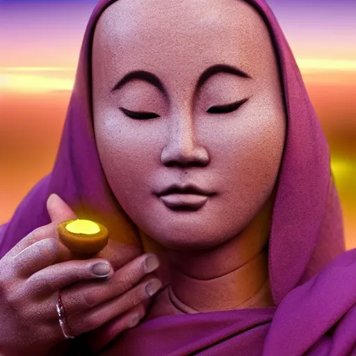 Image similar to a beautiful lady monk is meditating and hoping for a better future. close - up, beautiful sky, volumetric lighting, sharp focus, ultra detailed, cgsociety - w 1 0 2 4 - n 8 - i