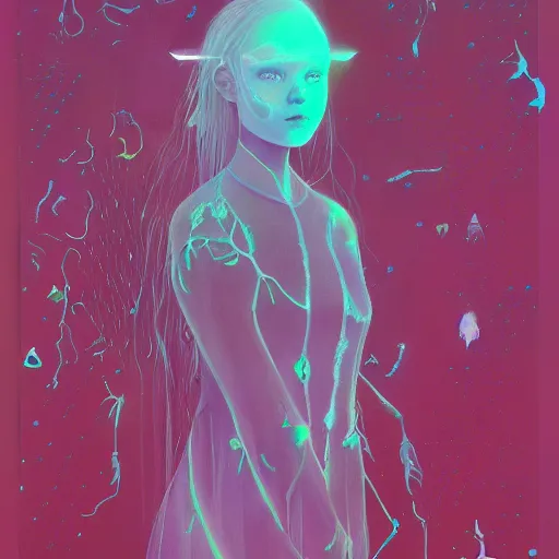 Prompt: Elle Fanning in bioluminescent transparent ghostly armor picture by Sachin Teng, asymmetrical, dark vibes, Realistic Painting , Organic painting, Matte Painting, geometric shapes, hard edges, graffiti, street art:2 by Sachin Teng:4