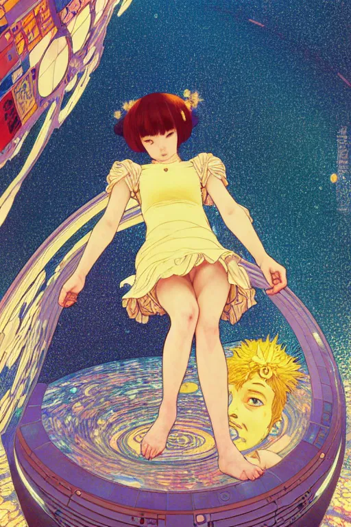 Prompt: a lonely girl floating in a spacestation, akihito yoshida, gustav klimt, yuya nagai, Ilya Kuvshinov, murata range, jean giraud, makoto shinkai, kawaii, alphonse mucha, matte colors, high saturation, detailed, 1990s