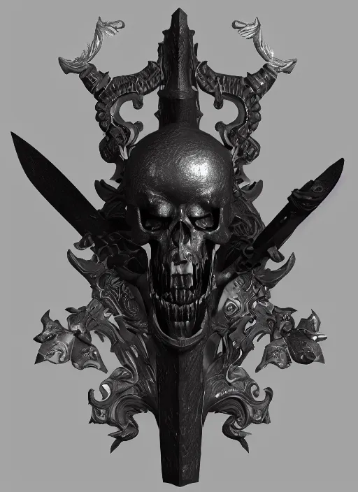 Image similar to a black long sword skull crest, orthographic, ornament, weapon, a 3 d render by dom qwek, front side views full, trending on polycount, artstation, hard surface modeling, rendered in maya, 3 ds max, blender, hd, vray, berserk blood