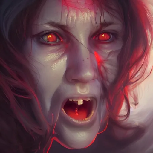 Image similar to women with red glowing eyes screaming in pain , digital art by Mandy Jurgens and Irina French and Heraldo Ortega , hyperdetailed, artstation, cgsociety