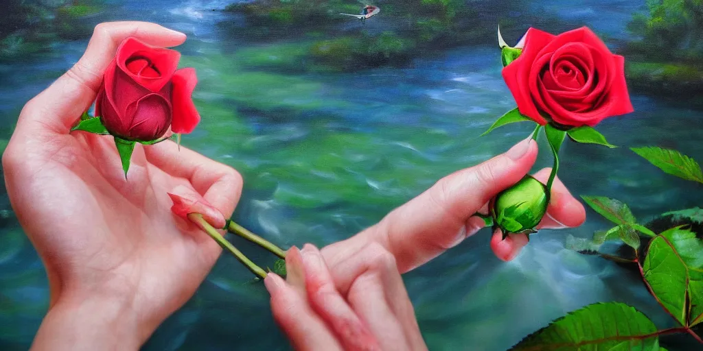 Prompt: portrait of bird holding a rose in a river. hyperrealistic oil painting, 4k, studio lightning, very detailed faces