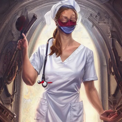 Prompt: epic portrait an female nurse in a white dress and short sleeves wearing a mask and closing her eyes, detailed, centered, digital painting, artstation, concept art, donato giancola, Joseph Christian Leyendecker, WLOP, Boris Vallejo, Breathtaking, 8k resolution, extremely detailed, beautiful, establishing shot, artistic, hyperrealistic, beautiful face, octane render