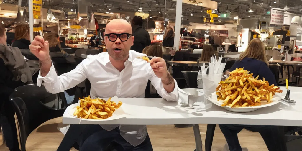 Prompt: Harry hill eating loaded fries in ikea