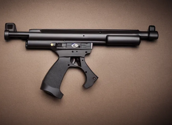 Prompt: Dark-toned product photos, medium shot, new Uzi submachine-gun, 4K, Vintage