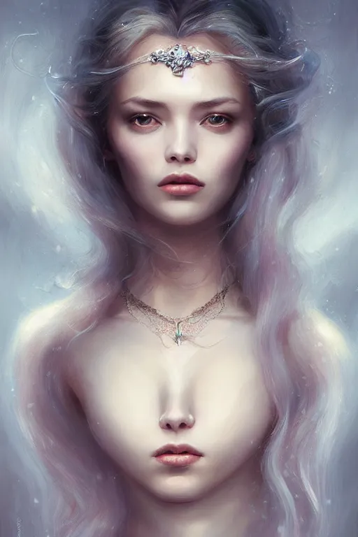 Image similar to dramatic lighting by wlop, stunning portrait female holding crystal white hair, blush, rose necklace, flowing hair, slim face, elegant, terry moore, barclay shaw, karol bak, greg rutkowski