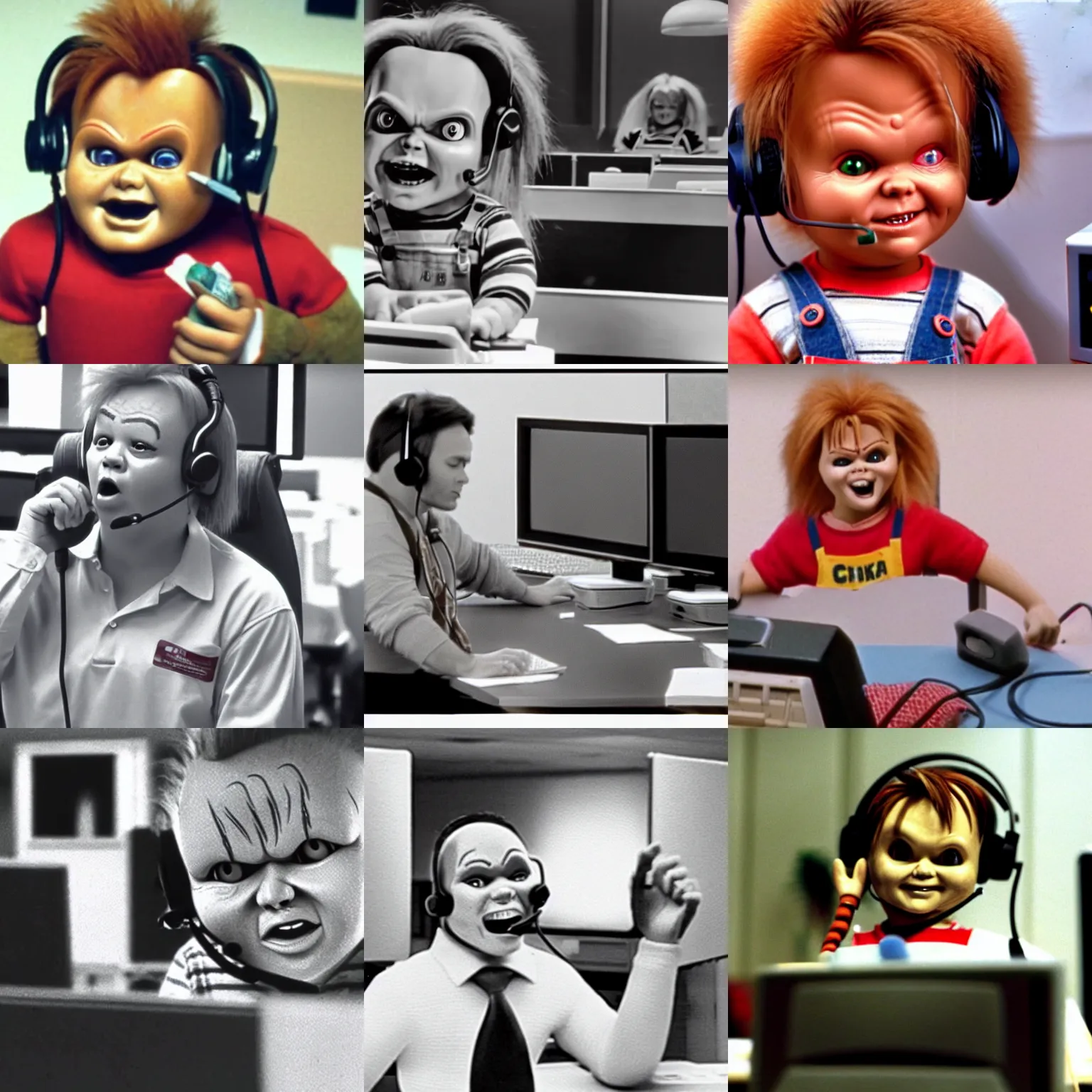 Prompt: chucky working in a call center, still from 1 9 8 0 s video