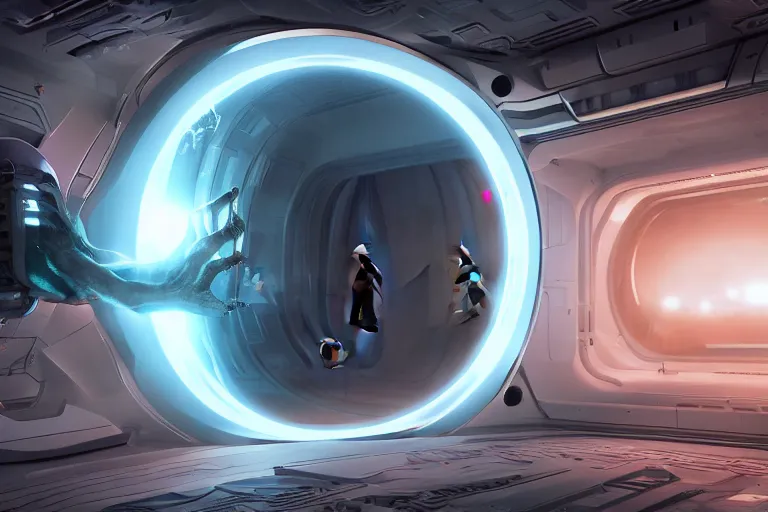 Image similar to friendly aliens coming to earth through a space portal,hyper realistic, 8K, octane render