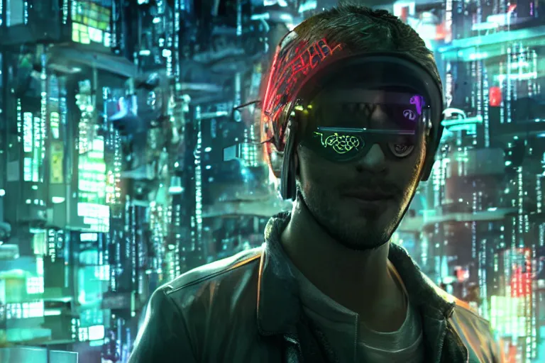 Image similar to video game movie of a cyberpunk hacker closeup portrait in high tech compound by Emmanuel Lubezki