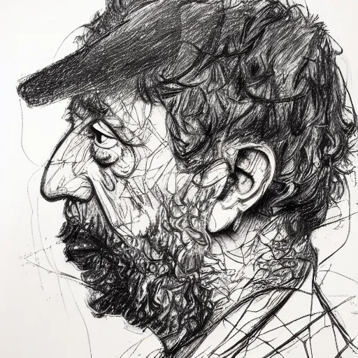 Prompt: a realistic yet scraggly portrait sketch of the side profile of a stern and sophisticated michael rosen, trending on artstation, intricate details, in the style of frank auerbach, in the style of sergio aragones, in the style of martin ansin, in the style of david aja, in the style of mattias adolfsson