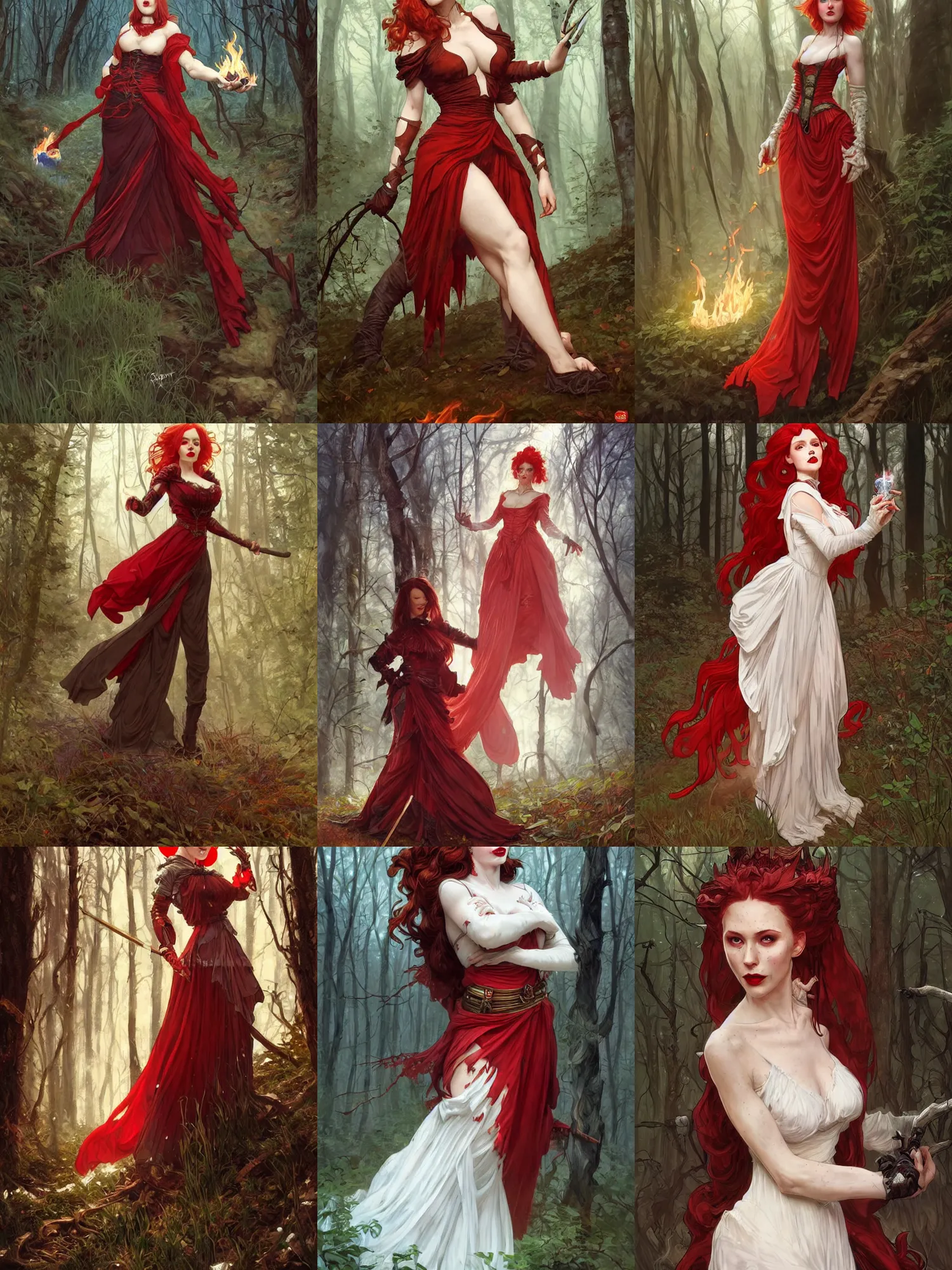 Prompt: full body portrait of an evil female pyromancer in the woods, elegant victorian dress, very detailed face, white skin, red hair, red lipstick, blue eyes, fire everywhere, high fantasy, dnd, highly detailed, digital illustration, by artgerm, greg rutkowski, alphonse mucha