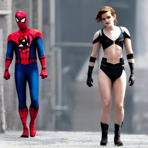 Image similar to emma watson as spiderman, full body shot, highly - detailed, sharp focus, award - winning