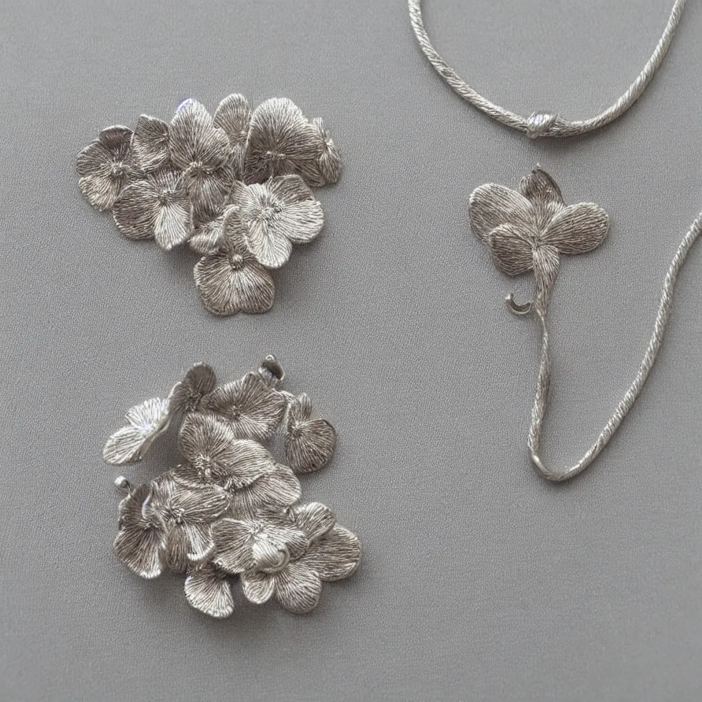 Image similar to Silver embroidered orchid amulet, realistic, clean, 4k, highly detailed