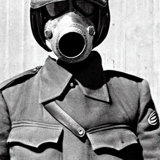 Image similar to police officer posing wear gas mask during world war ii in istanbul, photo, realistic