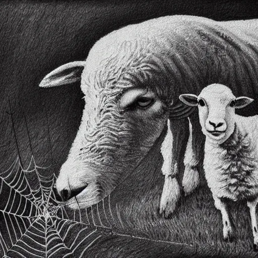 Image similar to one-line art a beautiful painting the sheep included a spider web, hyper realistic, grey scale