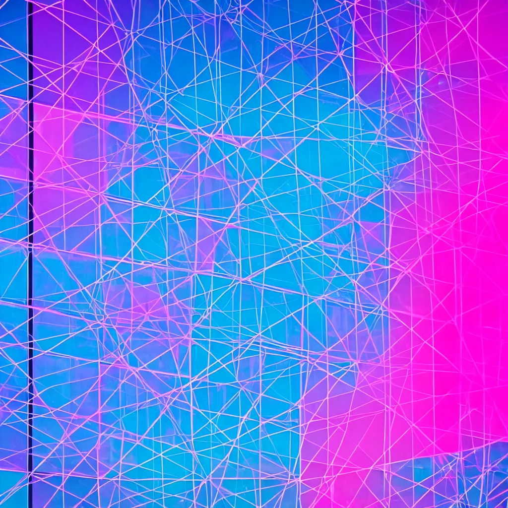 Image similar to photograph of intersecting windows of various colors at night, blue and pink accents, dream-like, hyperbolic geometry, trending on Unsplash, volumetric lighting