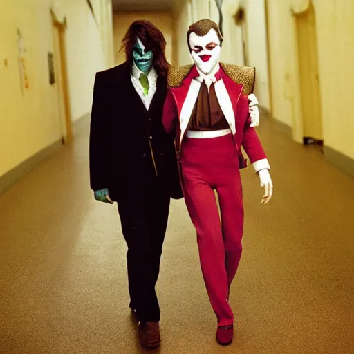 Prompt: kodak portra 1 6 0 3 5 mm photograph of joaquin phoenix as joker and lady gaga walk together, 8 k ultra - detailed, real photography, photographic, wide angle lens, focuses on the nuances of the human face and subtle shifts in tonal value, silhouette composition, neutral, cool - toned palette, fluid patterns, powerful composition, opaque paints